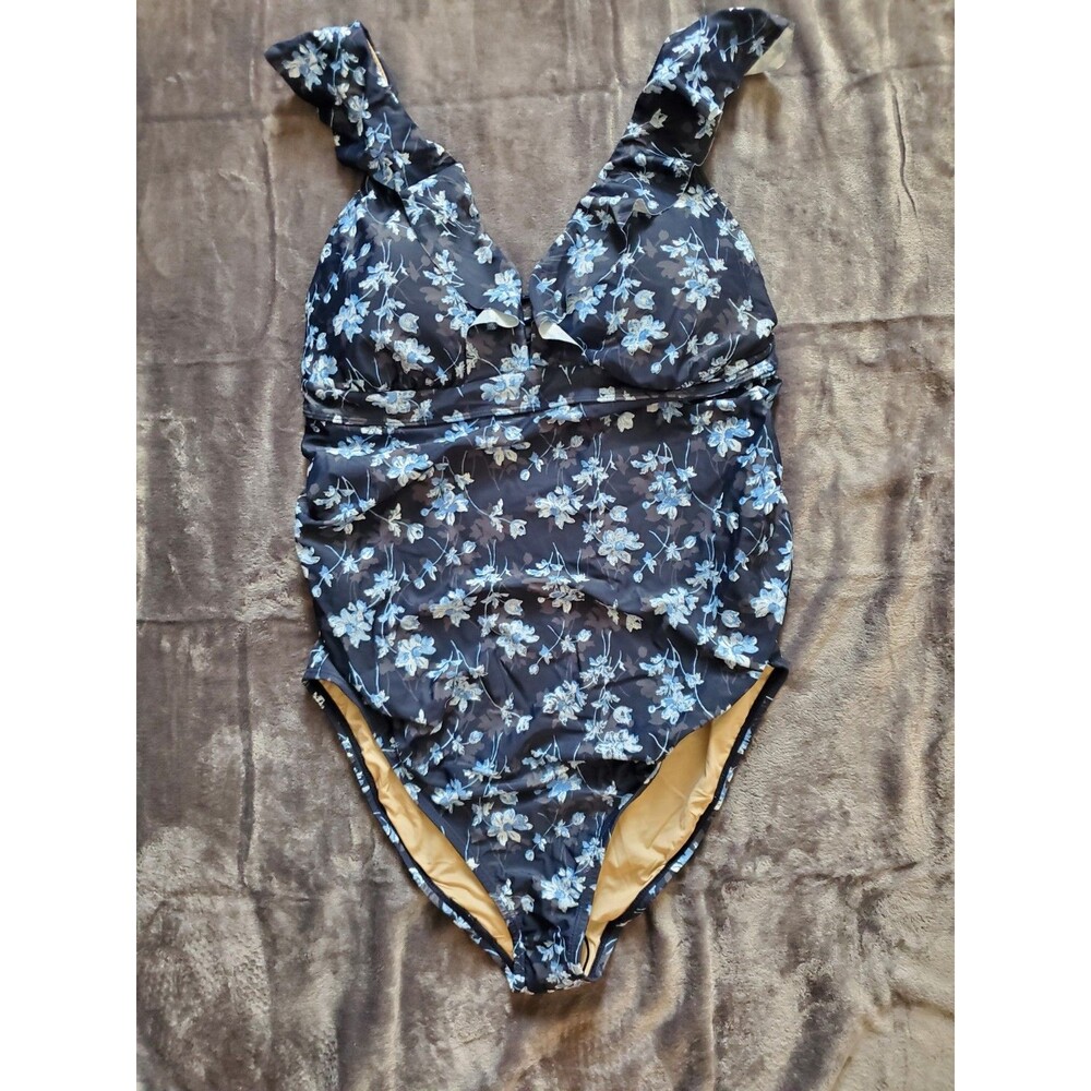 A PEA IN THE POD Maternity Swimsuit Medium Navy Blue NWT Floral Ruffle Beach - Picture 4 of 16